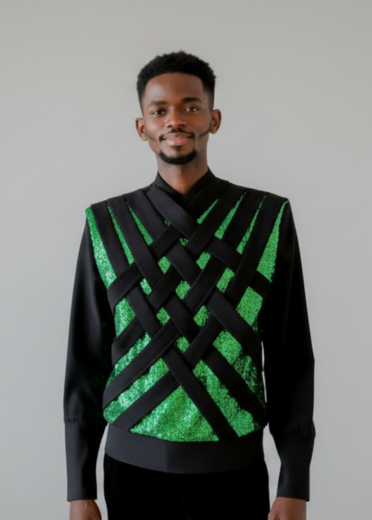 Stacy Menswear Couture Argyle Labyrinth Sequined Knit Top