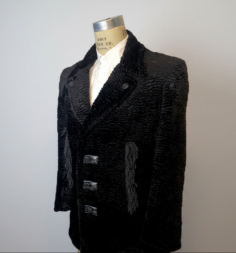 Stacy Menswear Couture Black Knight Faux Persian Lamb Designer Coat with Raccoon Fur Trimmed Hood