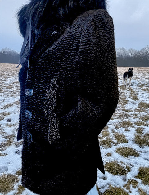 Stacy Menswear Couture Black Knight Faux Persian Lamb Designer Coat with Raccoon Fur Trimmed Hood