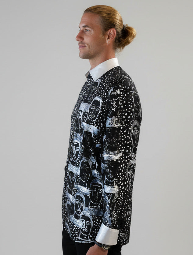 Stacy Menswear Couture Pawns in Silver on Black Premium Cotton Percale Dress Shirt