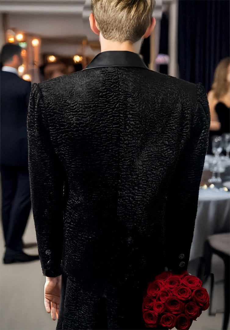 Stacy Menswear Couture Faux Persian Lamb Edwardian Abbreviated Designer Tuxedo Jacket