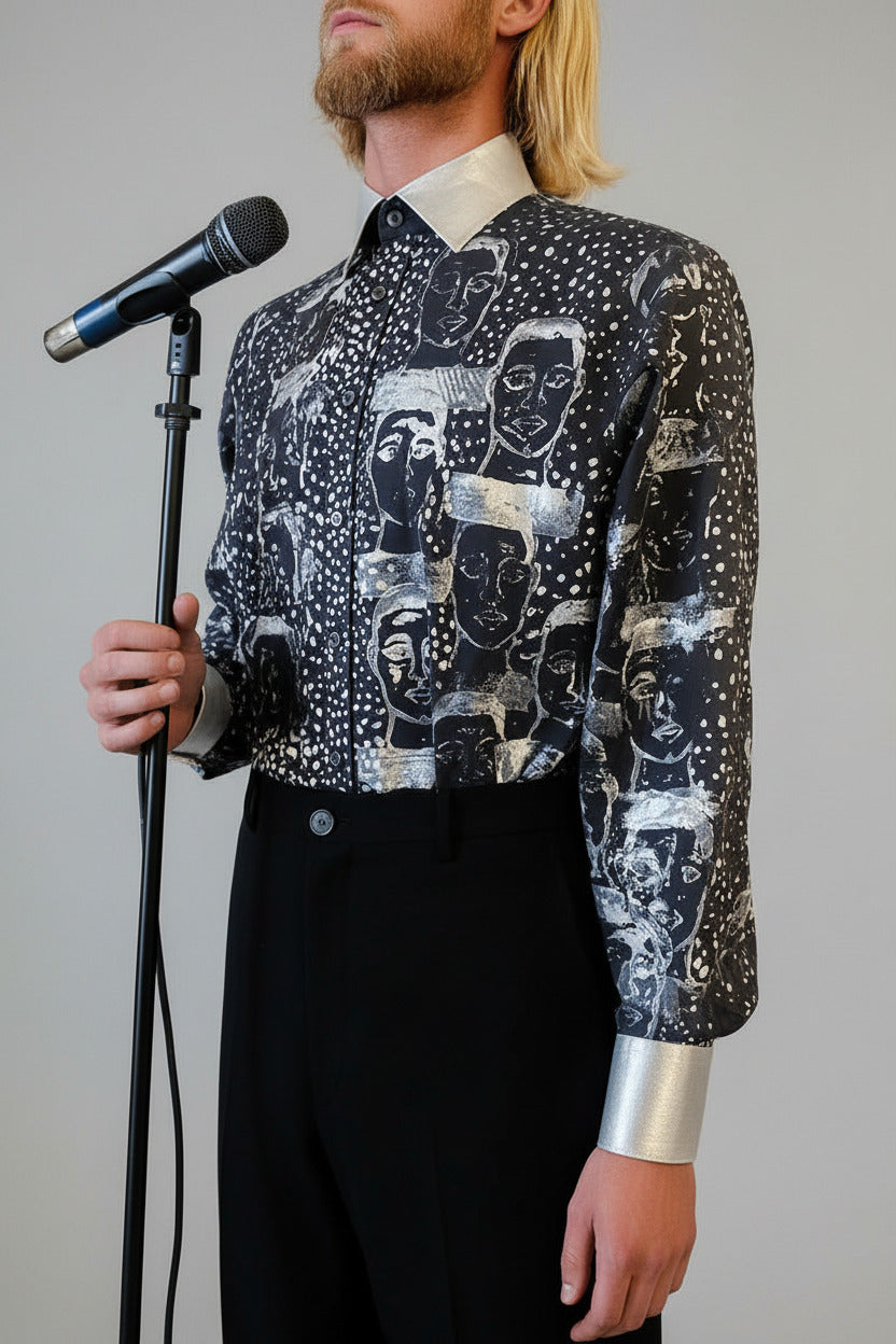 Stacy Menswear Couture Pawns in Silver on Black Premium Cotton Percale Dress Shirt