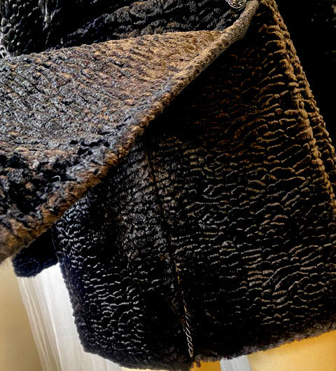 Stacy Menswear Couture Black Knight Faux Persian Lamb Designer Coat with Raccoon Fur Trimmed Hood