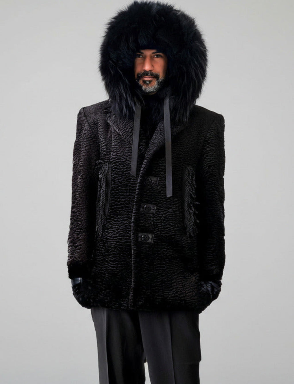 Stacy Menswear Couture Black Knight Faux Persian Lamb Designer Coat with Raccoon Fur Trimmed Hood