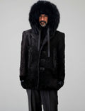 Stacy Menswear Couture Black Knight Faux Persian Lamb Designer Coat with Raccoon Fur Trimmed Hood