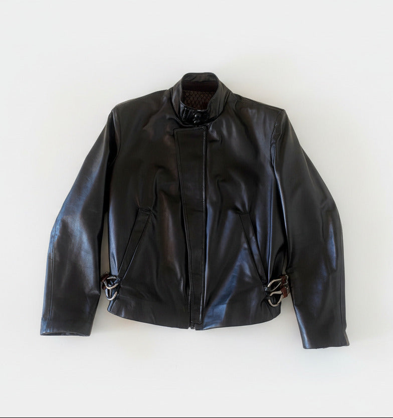 Stacy Menswear Couture Flange-Back Leather Flight Jacket