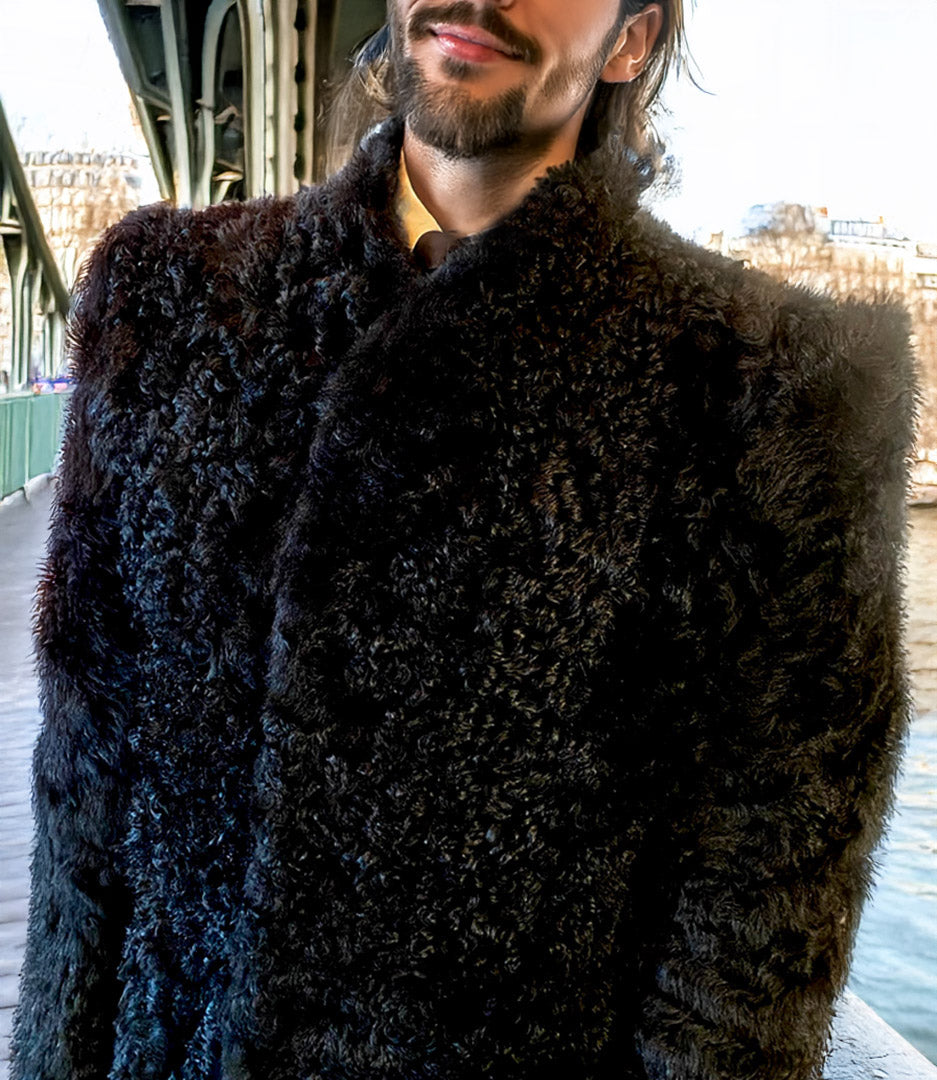 Stacy Menswear Couture Bishop Long Black Curly Lamb Shearling Coat