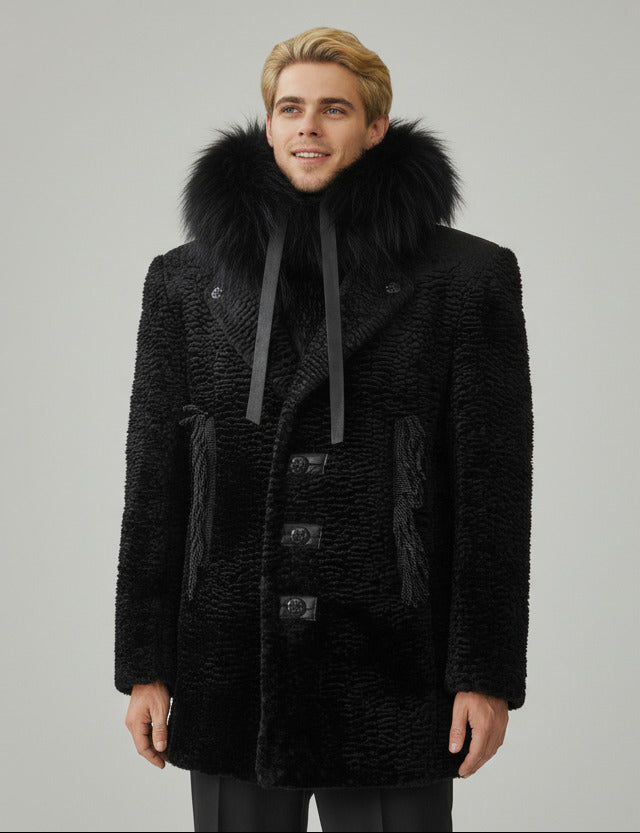 Stacy Menswear Couture Black Knight Faux Persian Lamb Designer Coat with Raccoon Fur Trimmed Hood