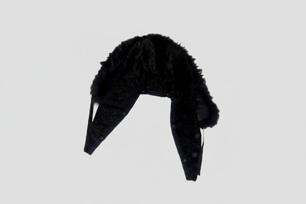 Stacy Menswear Couture Black Knight Faux Persian Lamb Designer Coat with Raccoon Fur Trimmed Hood