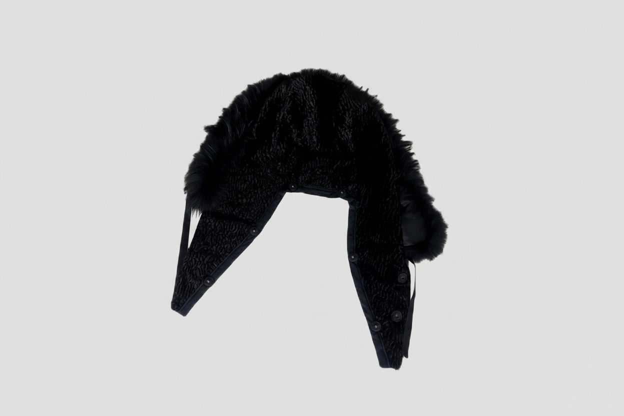 Stacy Menswear Couture Black Knight Faux Persian Lamb Designer Coat with Raccoon Fur Trimmed Hood