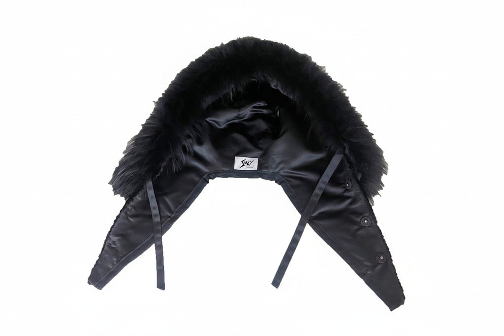Stacy Menswear Couture Black Knight Faux Persian Lamb Designer Coat with Raccoon Fur Trimmed Hood