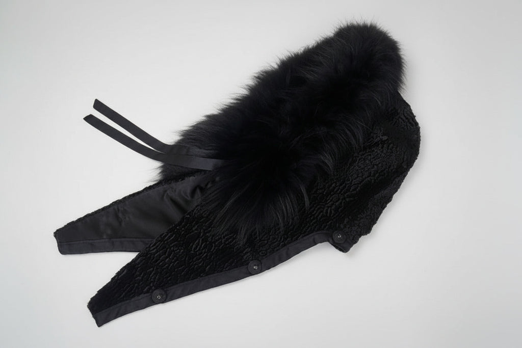 Stacy Menswear Couture Black Knight Faux Persian Lamb Designer Coat with Raccoon Fur Trimmed Hood