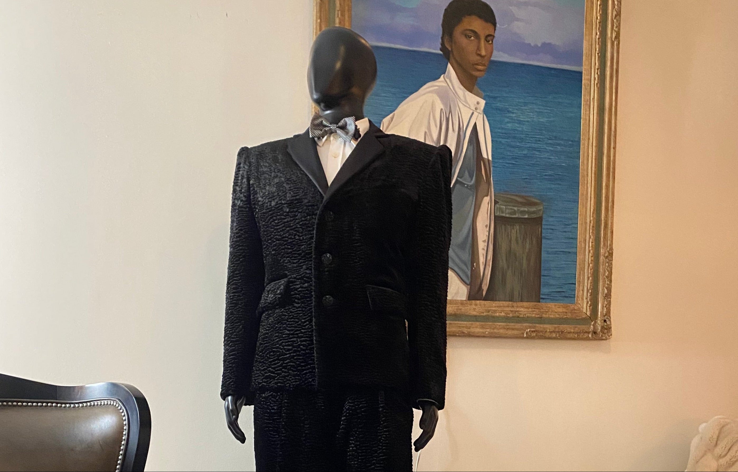 Faux Persian lamb coat weight tuxedo jacket and pants from the Fall 2025 collection Stacy Couture (A division of Stacy Stewart Smith Enterprises, Inc.)