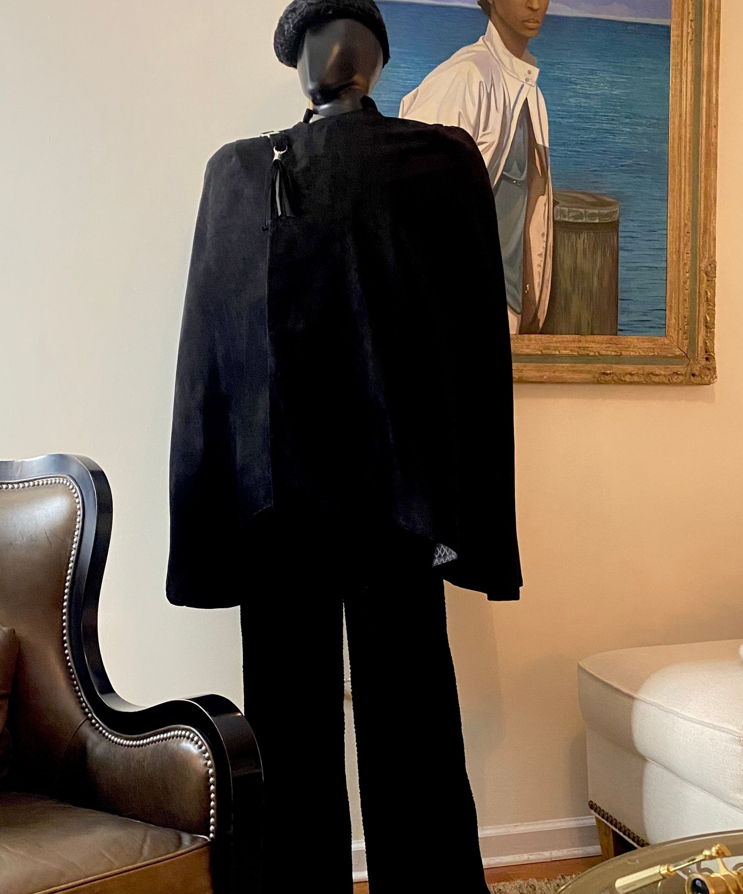 Black pigskin suede cape from the Fall 2025 Stacy Couture collection.