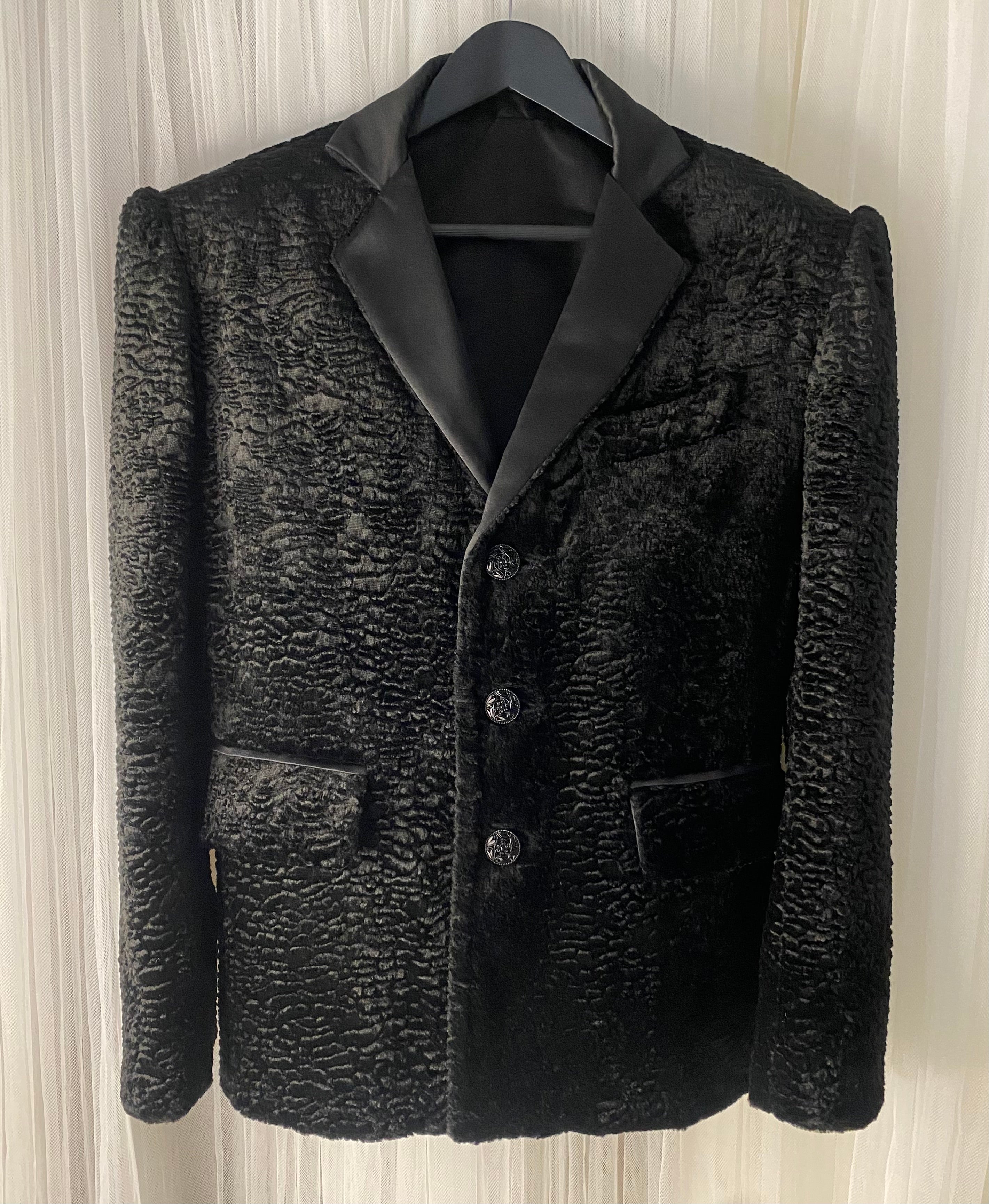 Black Faux Persian Lamb Cropped Tuxedo Jacket