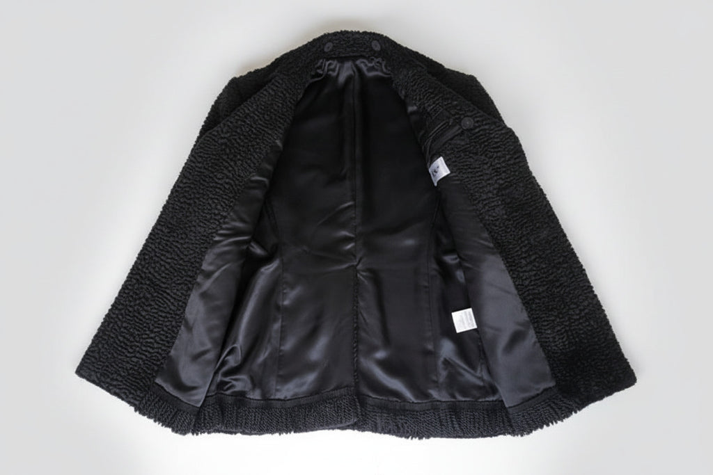 Stacy Menswear Couture Black Knight Faux Persian Lamb Designer Coat with Raccoon Fur Trimmed Hood