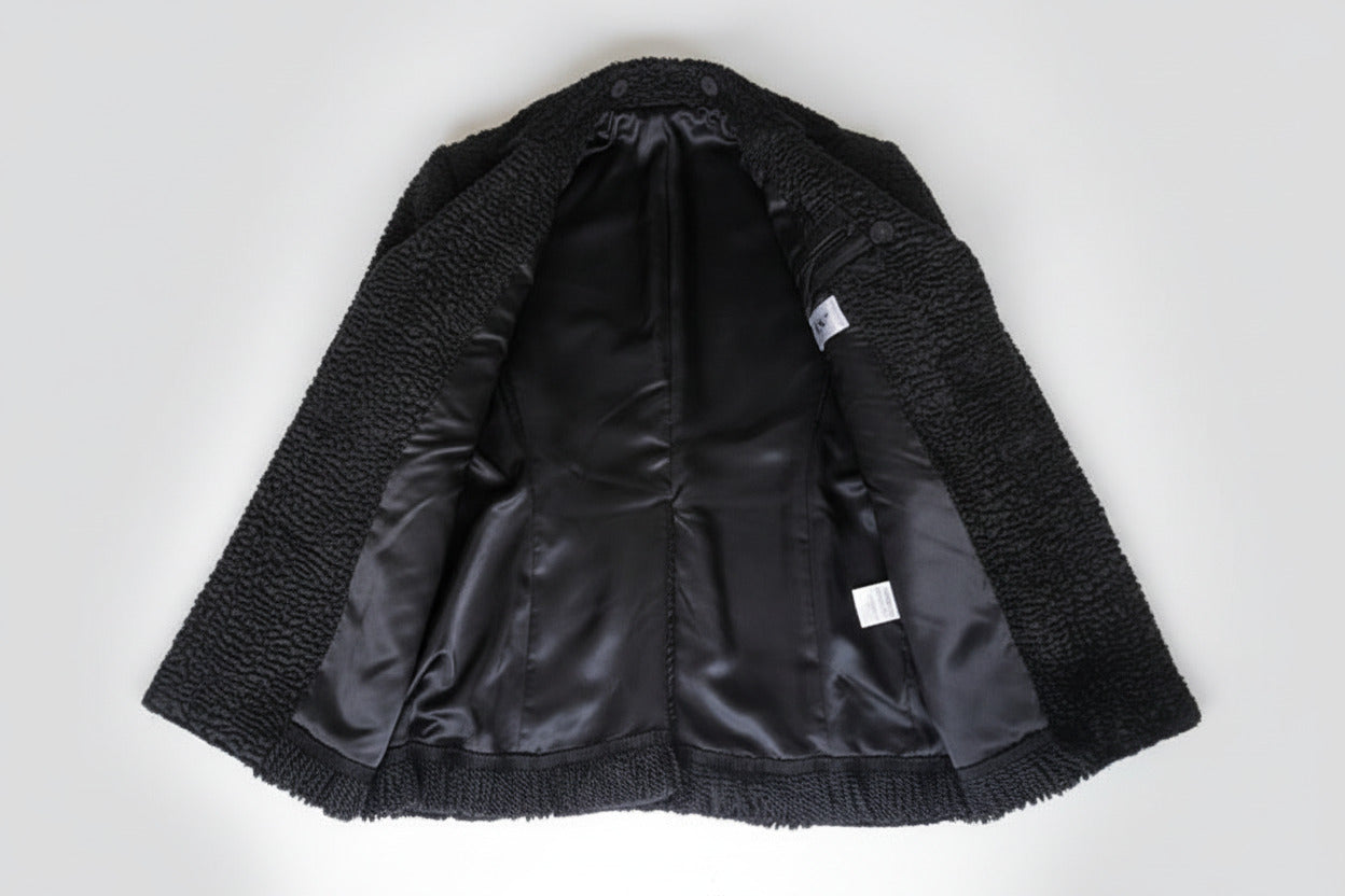 Stacy Menswear Couture Black Knight Faux Persian Lamb Designer Coat with Raccoon Fur Trimmed Hood