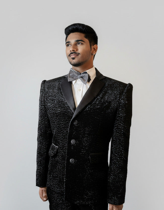 Stacy Menswear Couture Faux Persian Lamb Edwardian Abbreviated Designer Tuxedo Jacket