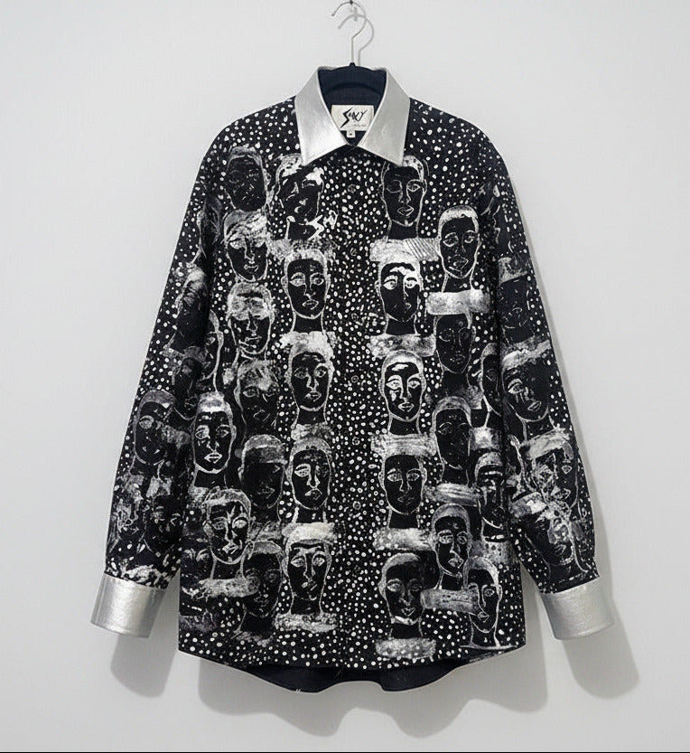 Stacy Menswear Couture Pawns in Silver on Black Premium Cotton Percale Dress Shirt