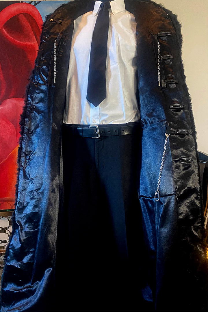 Stacy Menswear Couture Bishop Long Black Curly Lamb Shearling Coat