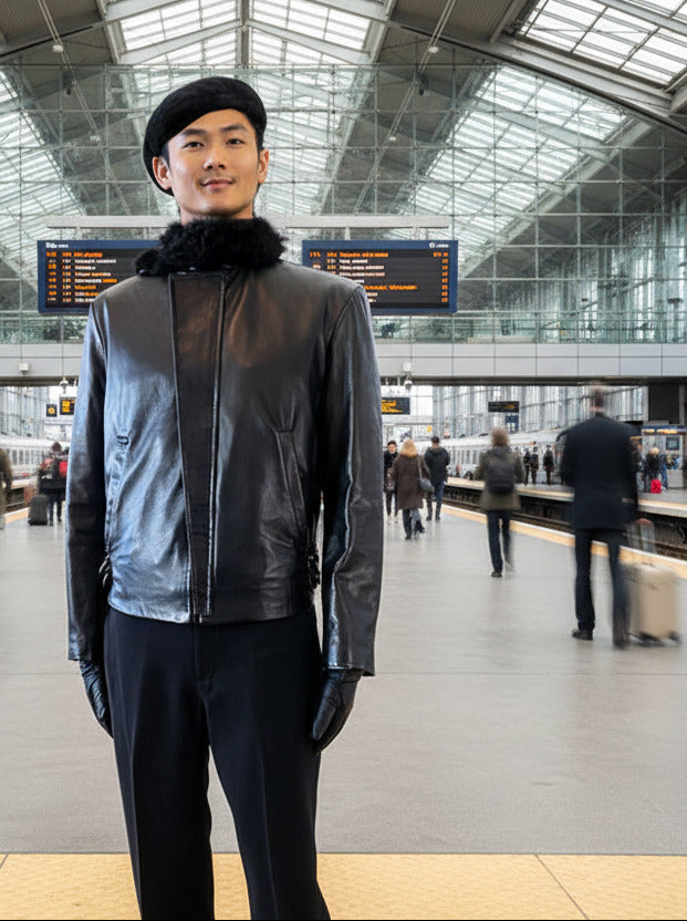 Stacy Menswear Couture Flange-Back Leather Flight Jacket