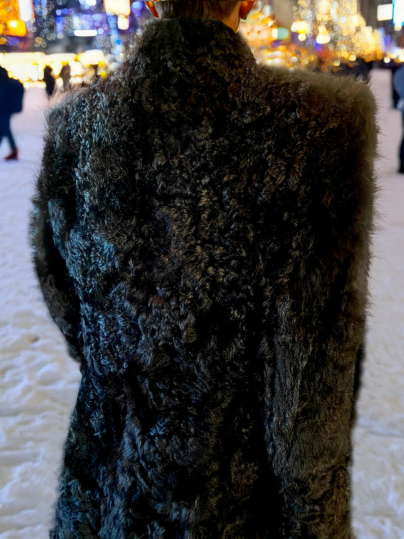 Stacy Menswear Couture Bishop Long Black Curly Lamb Shearling Coat