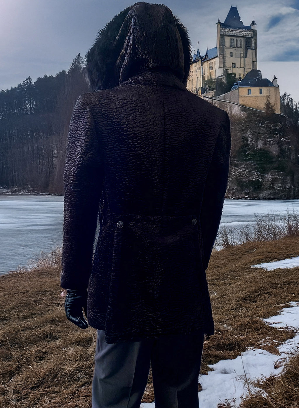 Stacy Menswear Couture Black Knight Faux Persian Lamb Designer Coat with Raccoon Fur Trimmed Hood