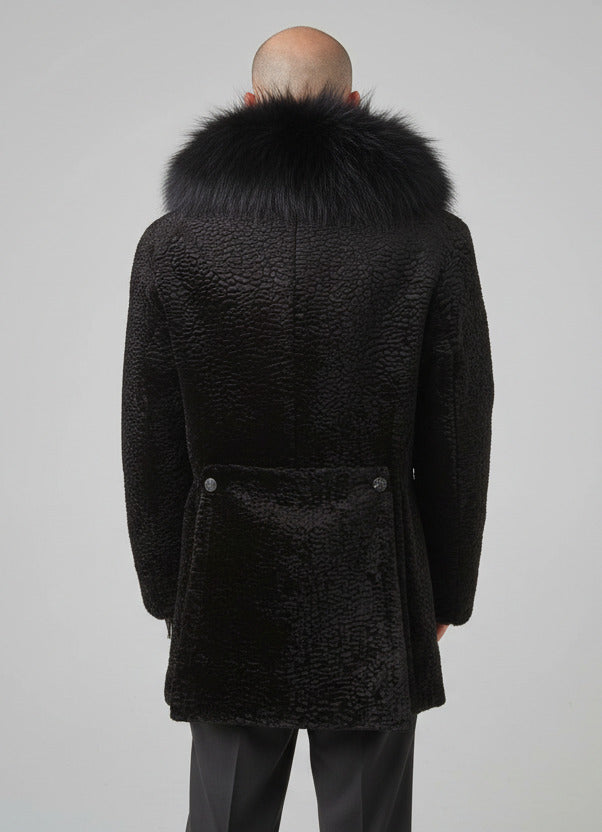 Stacy Menswear Couture Black Knight Faux Persian Lamb Designer Coat with Raccoon Fur Trimmed Hood