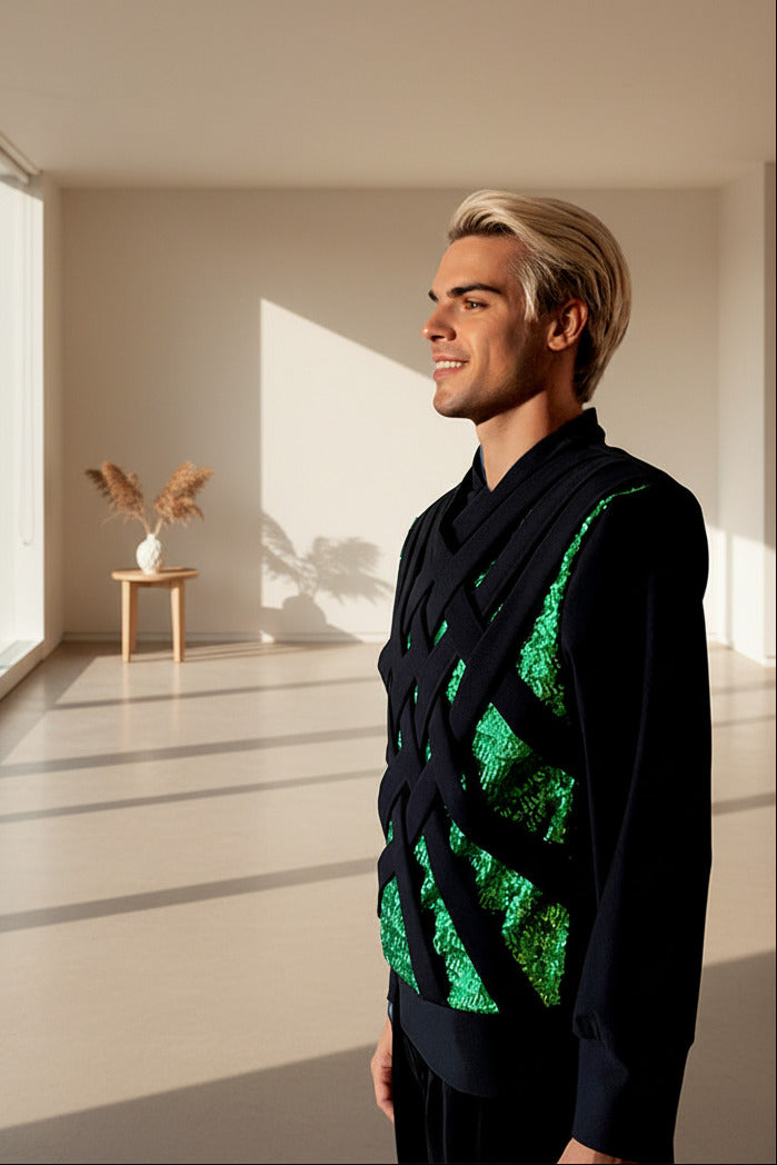 Stacy Menswear Couture Argyle Labyrinth Sequined Knit Top