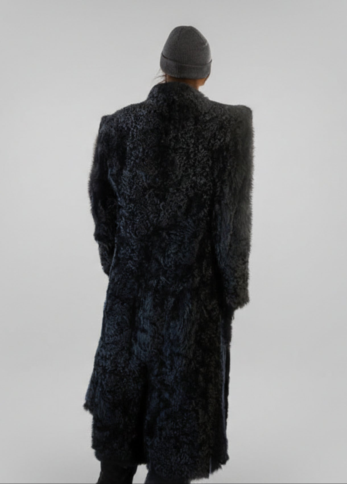 Stacy Menswear Couture Bishop Long Black Curly Lamb Shearling Coat