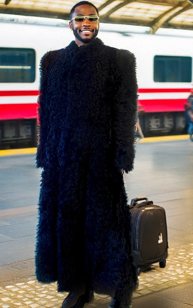 Stacy Menswear Couture Bishop Long Black Curly Lamb Shearling Coat