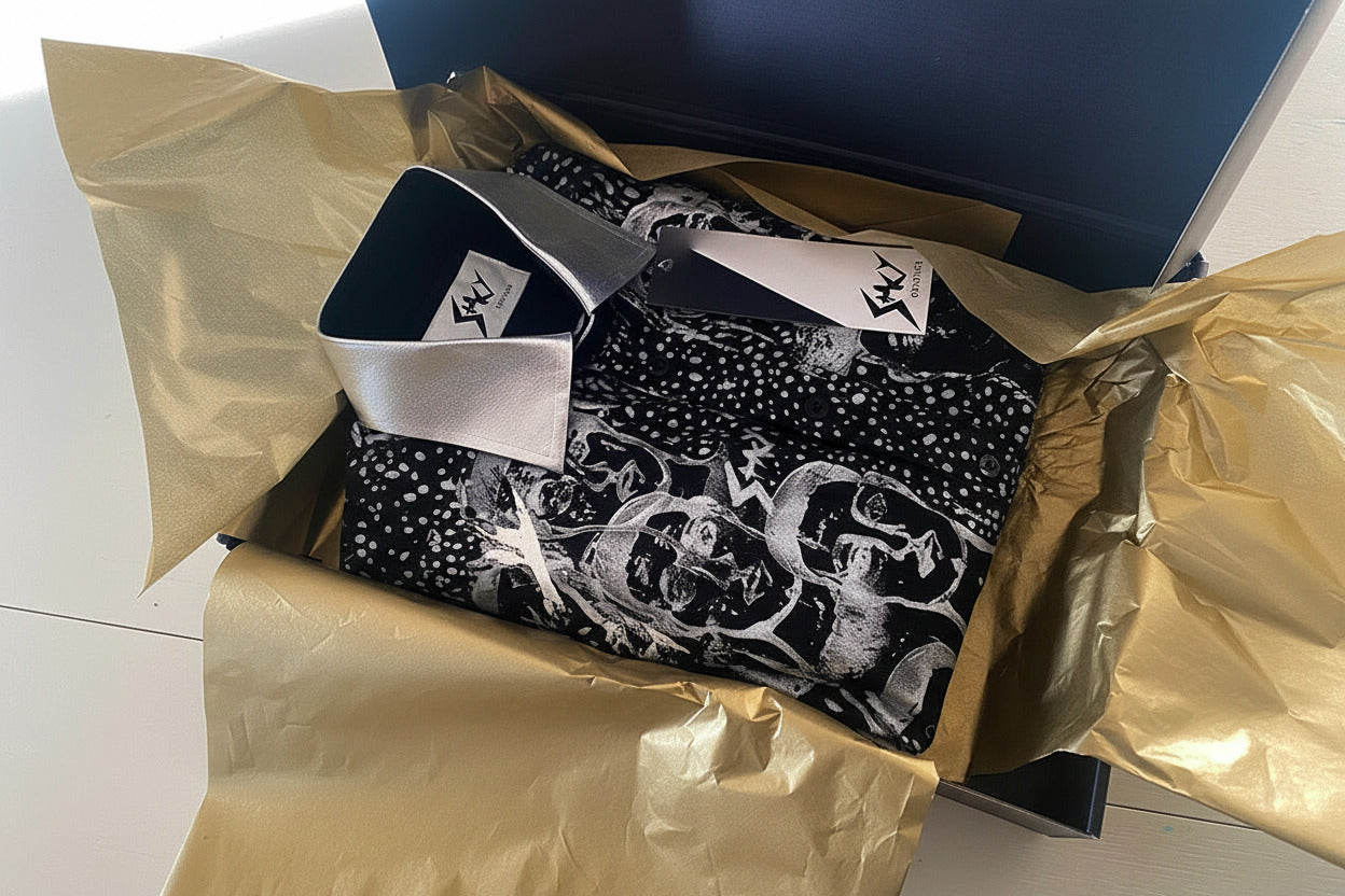 Stacy Menswear Couture Pawns in Silver on Black Premium Cotton Percale Dress Shirt