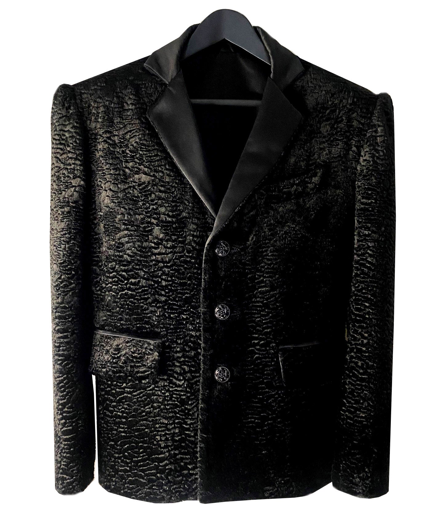 Stacy Menswear Couture Faux Persian Lamb Edwardian Abbreviated Designer Tuxedo Jacket