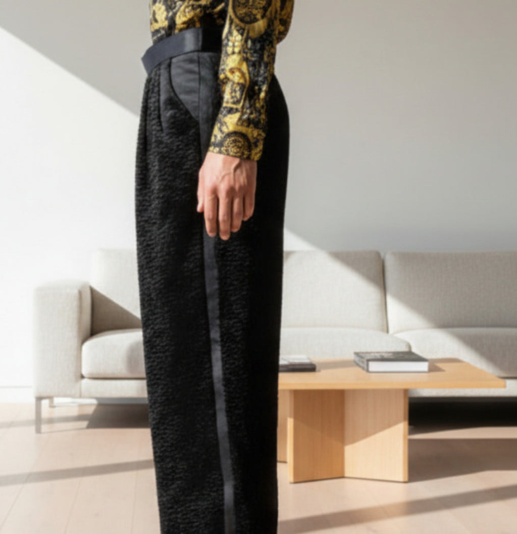 Stacy Menswear Couture Faux Persian Lamb Designer Pleated Windsor Tuxedo Pants