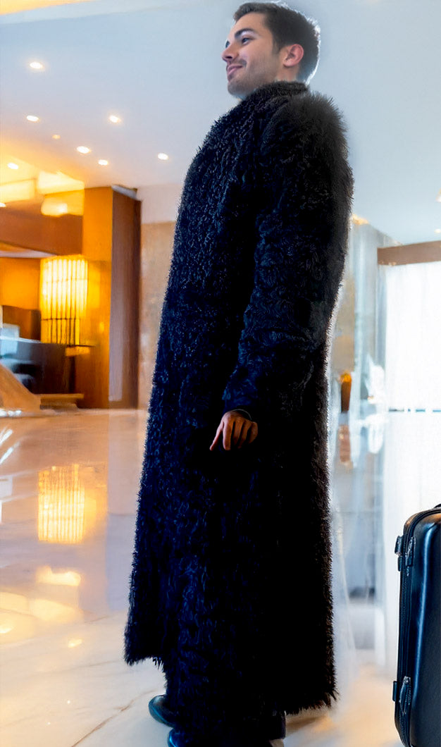 Stacy Menswear Couture Bishop Long Black Curly Lamb Shearling Coat