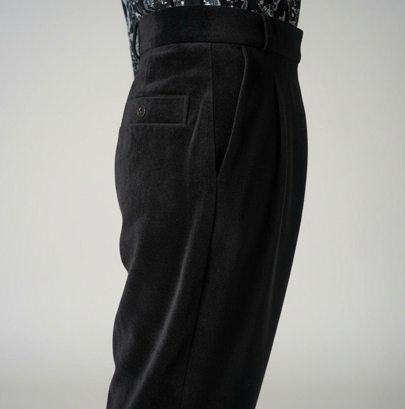 Stacy Menswear Couture Black Suede Designer Pleated Windsor Pants